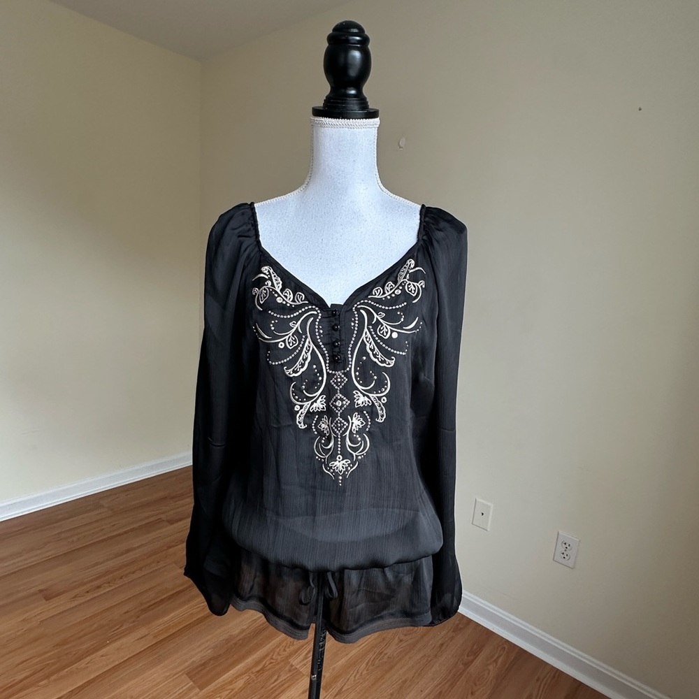 WHBM || Woman’s Black Long Sleeve Embellished V-Neck Sheer Blouse Size L